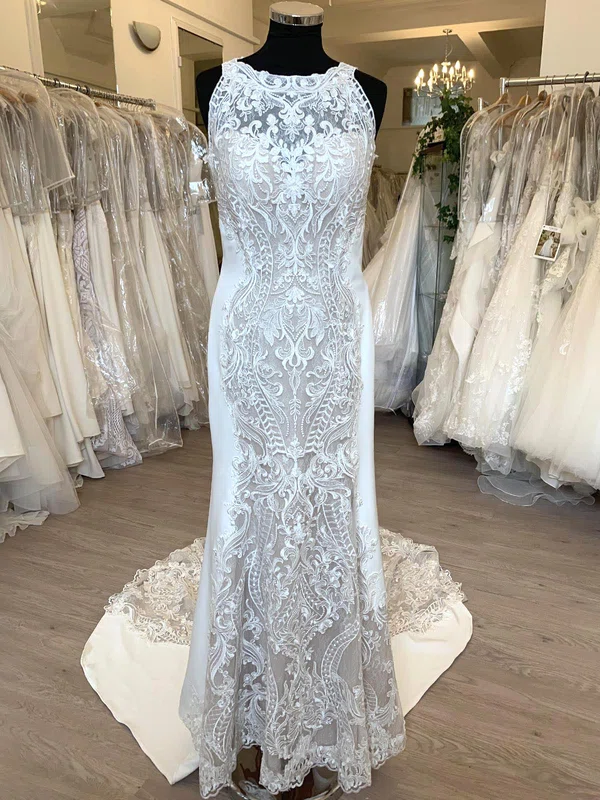 Sheath/Column Illusion Lace Stretch Crepe Sweep Train Wedding Dress With Appliques Lace #UKM00028788