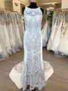 Sheath/Column Illusion Lace Stretch Crepe Sweep Train Wedding Dress With Appliques Lace #UKM00028788