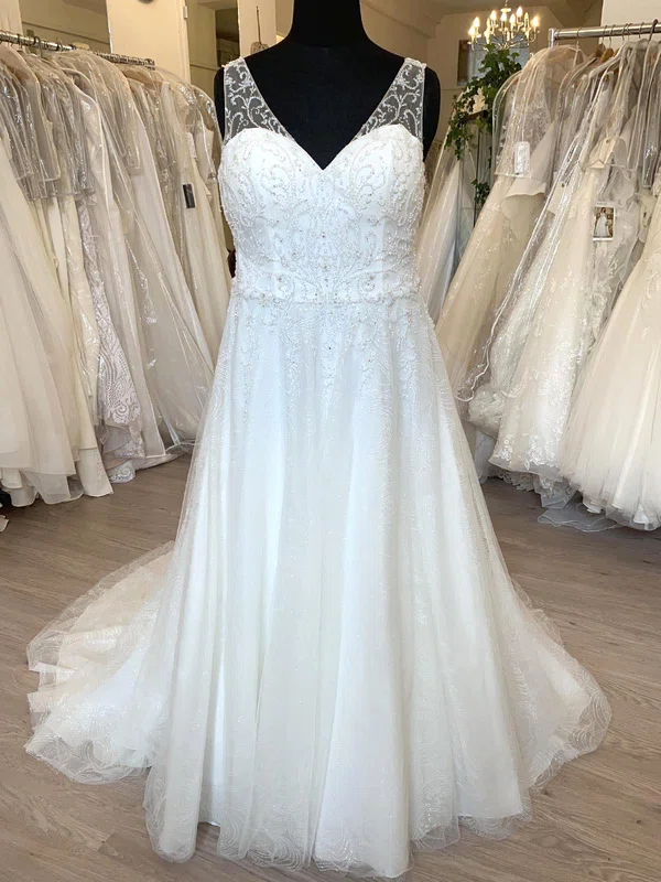 A-line V-neck Glitter Lace Sweep Train Wedding Dress With Beading #UKM00028789