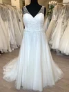 A-line V-neck Glitter Lace Sweep Train Wedding Dress With Beading #UKM00028789