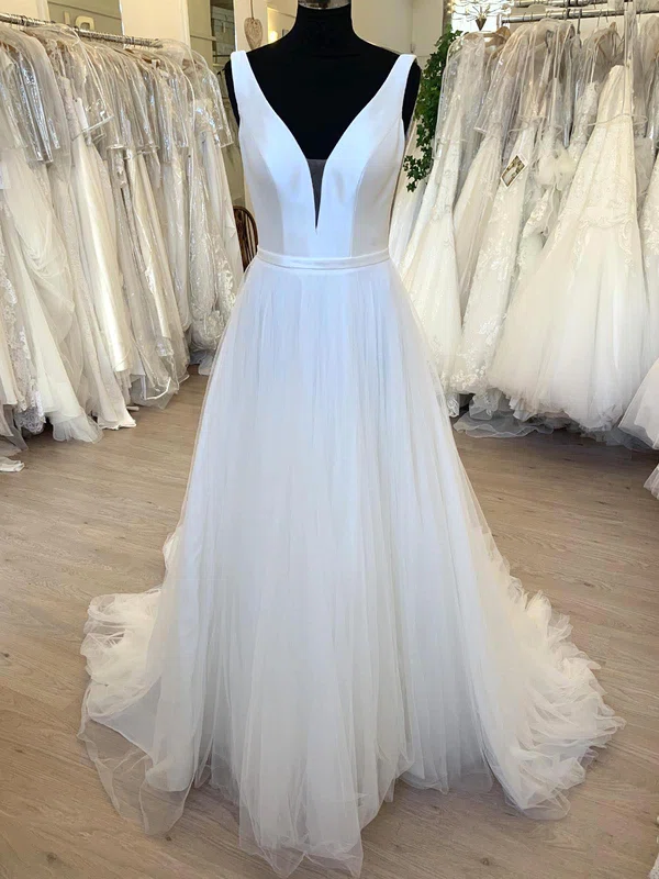 Ball Gown/Princess V-neck Tulle Sweep Train Wedding Dress With Ruched #UKM00028790