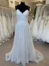 A-line Sweetheart Lace Tulle Sweep Train Wedding Dress With Appliques Lace #UKM00028792