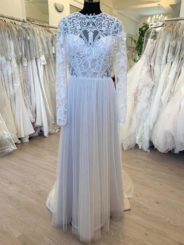 A-line Illusion Tulle Sweep Train Wedding Dress With Appliques Lace #UKM00028793