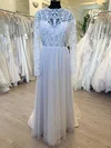 A-line Illusion Tulle Sweep Train Wedding Dress With Appliques Lace #UKM00028793