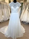 A-line Illusion Chiffon Sweep Train Wedding Dress With Appliques Lace #UKM00028794