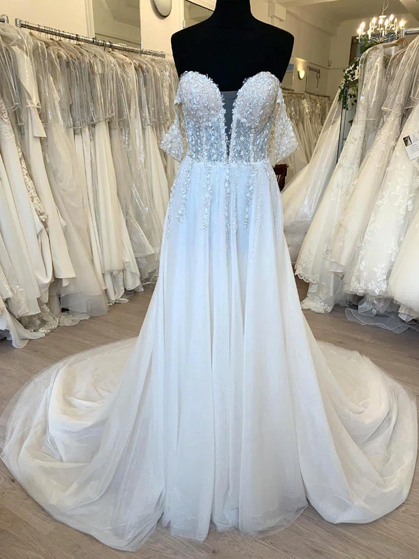A-line Off-the-shoulder Glitter Sweep Train Wedding Dress With Appliques Lace #UKM00028796