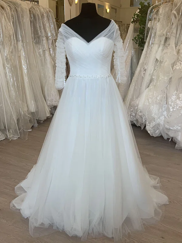Ball Gown/Princess V-neck Tulle Sweep Train Wedding Dress With Ruffles #UKM00028799