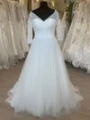 Ball Gown/Princess V-neck Tulle Sweep Train Wedding Dress With Ruffles #UKM00028799