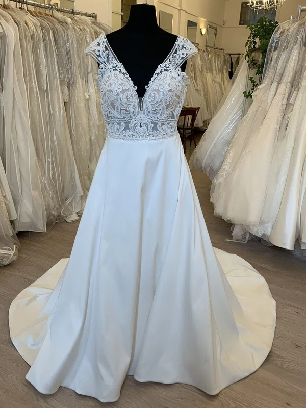 A-line V-neck Satin Sweep Train Wedding Dress With Appliques Lace #UKM00028800