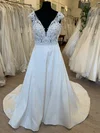 A-line V-neck Satin Sweep Train Wedding Dress With Appliques Lace #UKM00028800