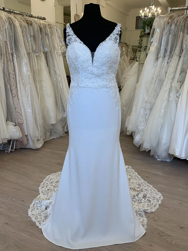 Sheath/Column V-neck Chiffon Sweep Train Wedding Dress With Pearl Detailing #UKM00028801