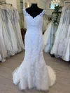 Trumpet/Mermaid V-neck Tulle Stretch Crepe Sweep Train Wedding Dress With Appliques Lace #UKM00028802