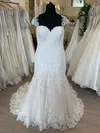 Trumpet/Mermaid Sweetheart Tulle Lace Sweep Train Wedding Dress With Appliques Lace #UKM00028803