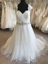 Ball Gown/Princess V-neck Tulle Lace Sweep Train Wedding Dress With Beading #UKM00028804