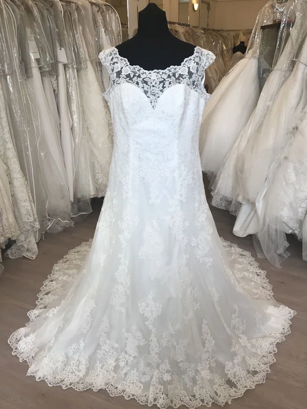 Sheath/Column Illusion Lace Tulle Sweep Train Wedding Dress With Appliques Lace #UKM00028805