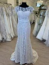 Sheath/Column Illusion Lace Sweep Train Wedding Dress With Pearl Detailing #UKM00028808