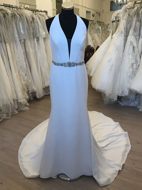 Sheath/Column V-neck Stretch Crepe Sweep Train Wedding Dress With Beading #UKM00028809