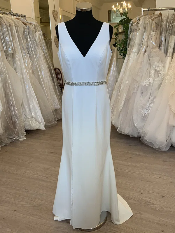 Sheath/Column V-neck Stretch Crepe Sweep Train Wedding Dress With Beading #UKM00028811