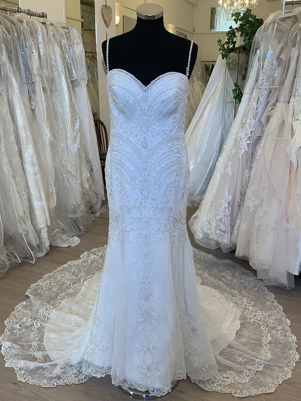 Sheath/Column Sweetheart Glitter Tulle Court Train Wedding Dress With Pearl Detailing #UKM00028814
