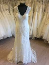 Sheath/Column V-neck Lace Tulle Sweep Train Wedding Dress With Appliques Lace #UKM00028815