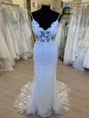 Sheath/Column V-neck Tulle Sweep Train Wedding Dress With Appliques Lace #UKM00028818