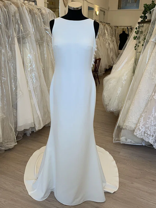 Sheath/Column Scoop Neck Stretch Crepe Sweep Train Wedding Dress With Lace #UKM00028819
