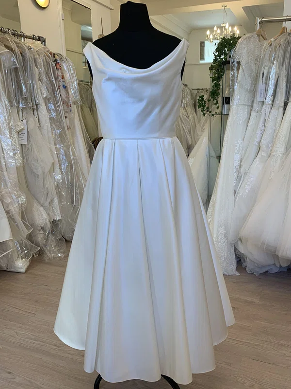 Ball Gown/Princess Cowl Neck Satin Tea-length Wedding Dress With Ruched #UKM00028820