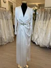 Sheath/Column V-neck Satin Tea-length Wedding Dress With Ruched #UKM00028822