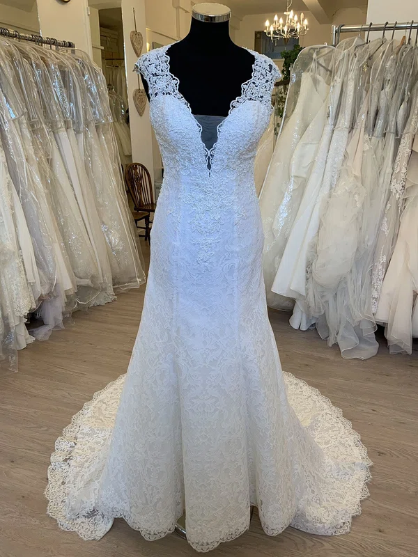 Sheath/Column V-neck Lace Sweep Train Wedding Dress With Appliques Lace #UKM00028823