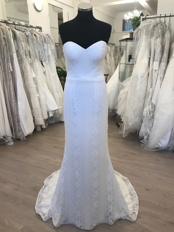 Sheath/Column Sweetheart Lace Sweep Train Wedding Dress #UKM00028825