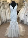 Trumpet/Mermaid V-neck Lace Tulle Sweep Train Wedding Dress With Appliques Lace #UKM00028827