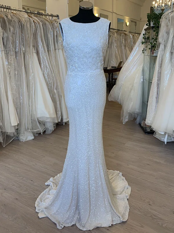 Sheath/Column Scoop Neck Sequin Sweep Train Wedding Dress #UKM00028829
