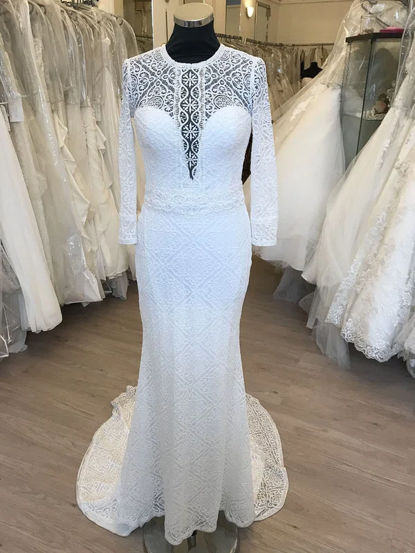 Sheath/Column Illusion Lace Sweep Train Wedding Dress #UKM00028831