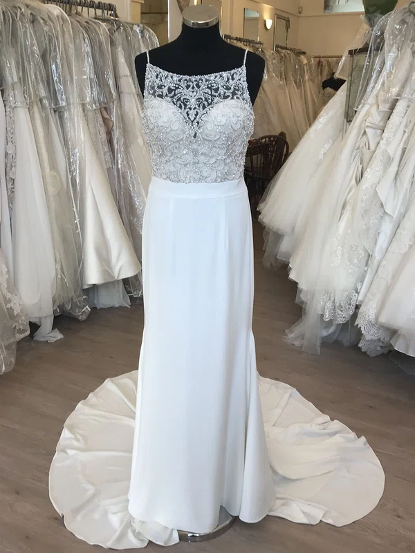 Sheath/Column Illusion Chiffon Sweep Train Wedding Dress With Pearl Detailing #UKM00028835