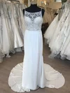 Sheath/Column Illusion Chiffon Sweep Train Wedding Dress With Pearl Detailing #UKM00028835