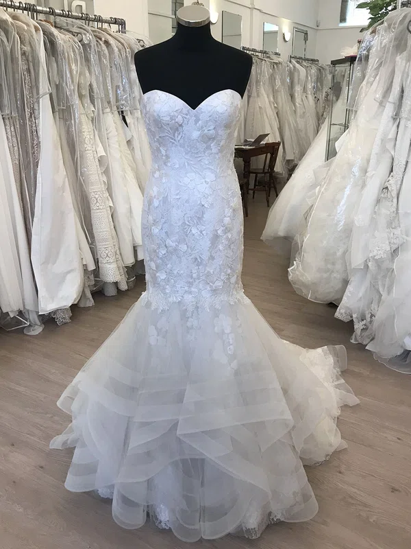 Trumpet/Mermaid Sweetheart Tulle Lace Sweep Train Wedding Dress With Cascading Ruffles #UKM00028837