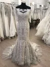 Trumpet/Mermaid Off-the-shoulder Tulle Sweep Train Wedding Dress With Appliques Lace #UKM00028838