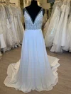 A-line V-neck Chiffon Sweep Train Wedding Dress With Beading #UKM00028841