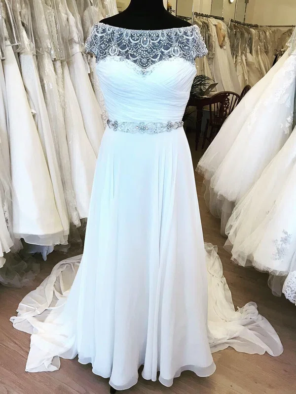 A-line Illusion Chiffon Sweep Train Wedding Dress With Ruched #UKM00028842