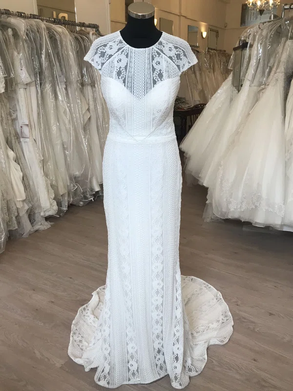 Sheath/Column Illusion Lace Sweep Train Wedding Dress #UKM00028844