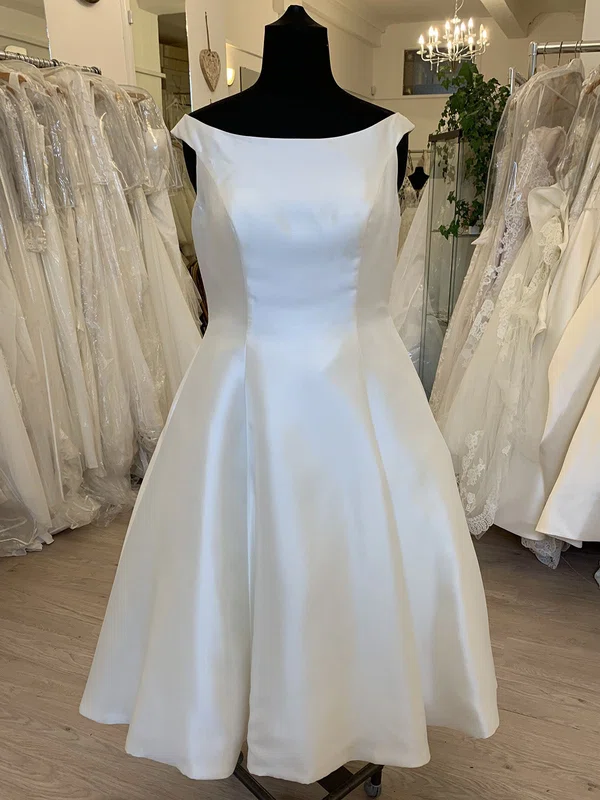 Ball Gown/Princess Scoop Neck Satin Tea-length Wedding Dress With Ruched #UKM00028854