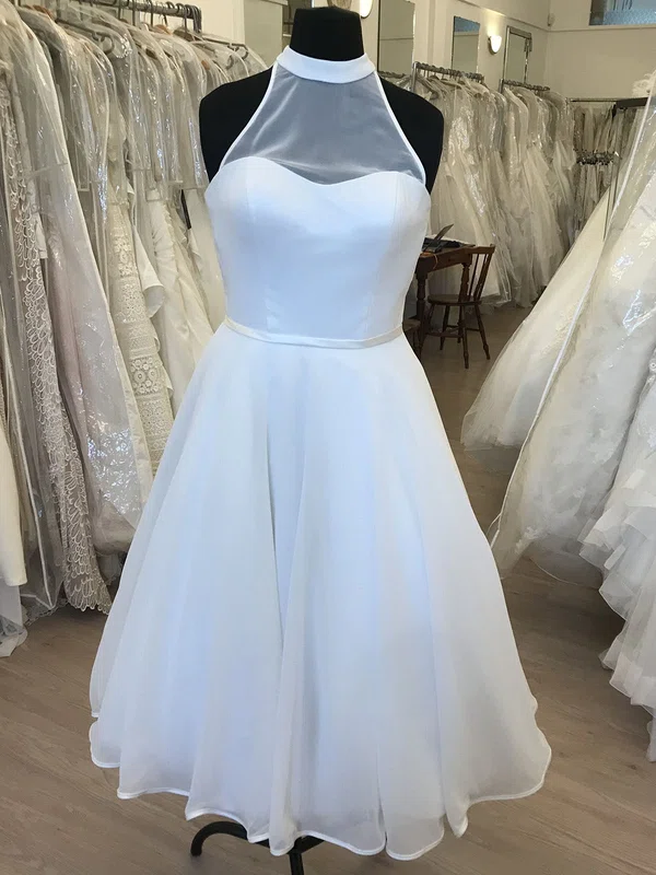 Ball Gown/Princess High Neck Organza Tea-length Wedding Dress With Ruched #UKM00028855