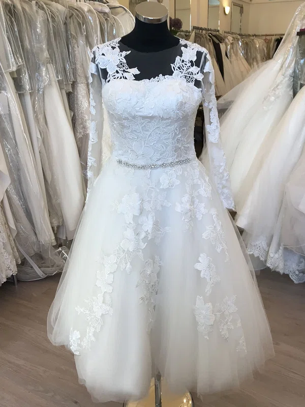 Ball Gown/Princess Illusion Tulle Tea-length Wedding Dress With Beading #UKM00028856
