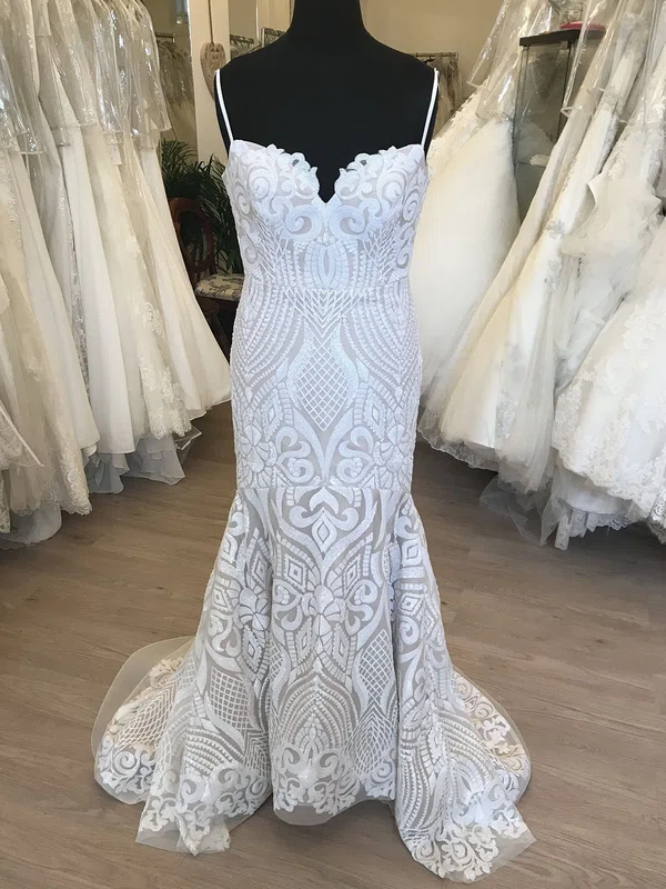 Trumpet/Mermaid V-neck Glitter Lace Sweep Train Wedding Dress #UKM00028857