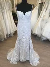 Trumpet/Mermaid V-neck Glitter Lace Sweep Train Wedding Dress #UKM00028857