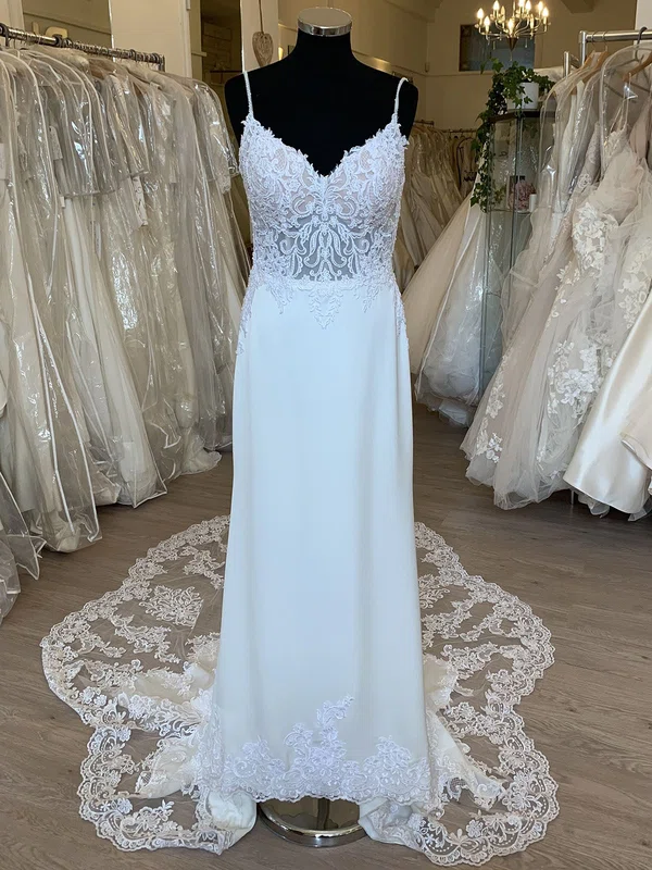 Sheath/Column V-neck Stretch Crepe Court Train Wedding Dress With Appliques Lace #UKM00028859