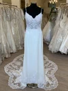 Sheath/Column V-neck Stretch Crepe Court Train Wedding Dress With Appliques Lace #UKM00028859