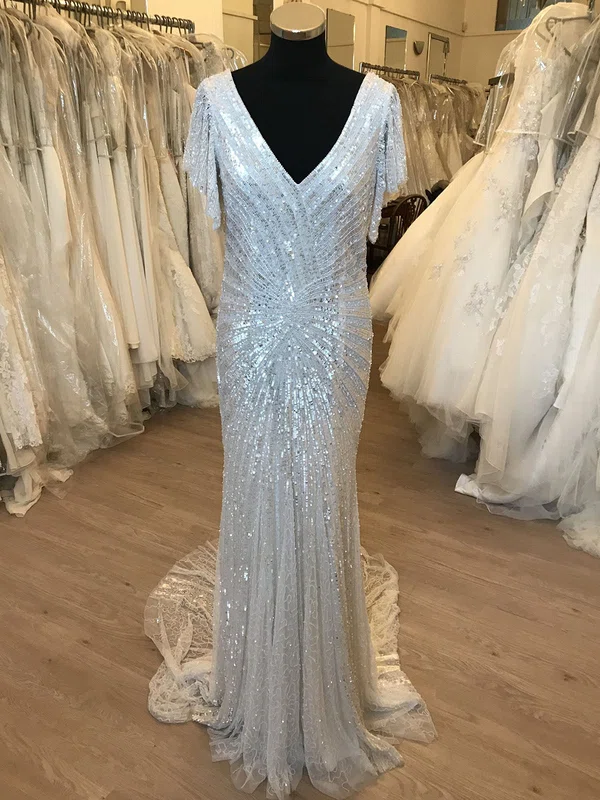 Sheath/Column V-neck Sequin Sweep Train Wedding Dress With Ruched #UKM00028867