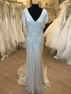 Sheath/Column V-neck Sequin Sweep Train Wedding Dress With Ruched #UKM00028867