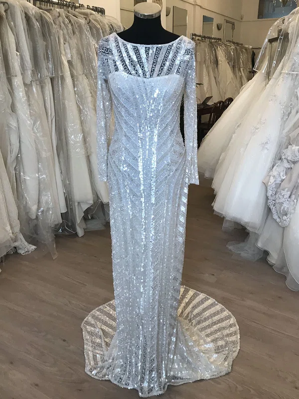 Sheath/Column Illusion Glitter Sweep Train Wedding Dress #UKM00028868